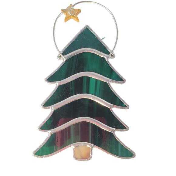 Green Stained Glass Christmas Tree Ornament with Multicolor Lights and Star 5" - Picture 8 of 10